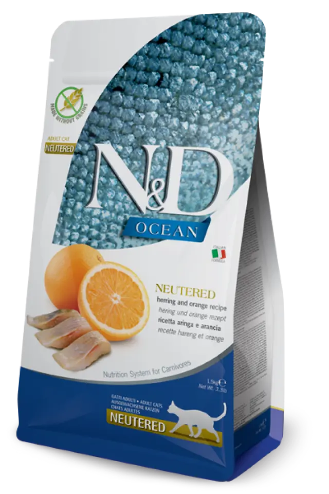 Фото Корм сухий для котів Фарміна N&D Grain Free Ocean HERRING & ORANGE NEUTERED ADULT з оселедцем та апельсином купити за ціною ₴300.00